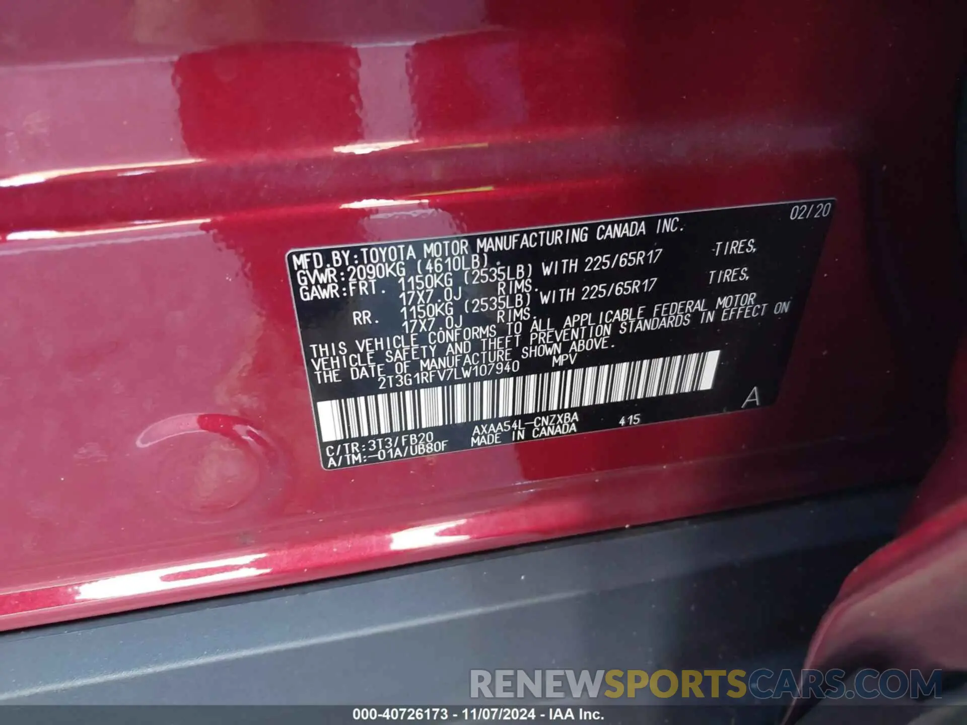 9 Photograph of a damaged car 2T3G1RFV7LW107940 TOYOTA RAV4 2020