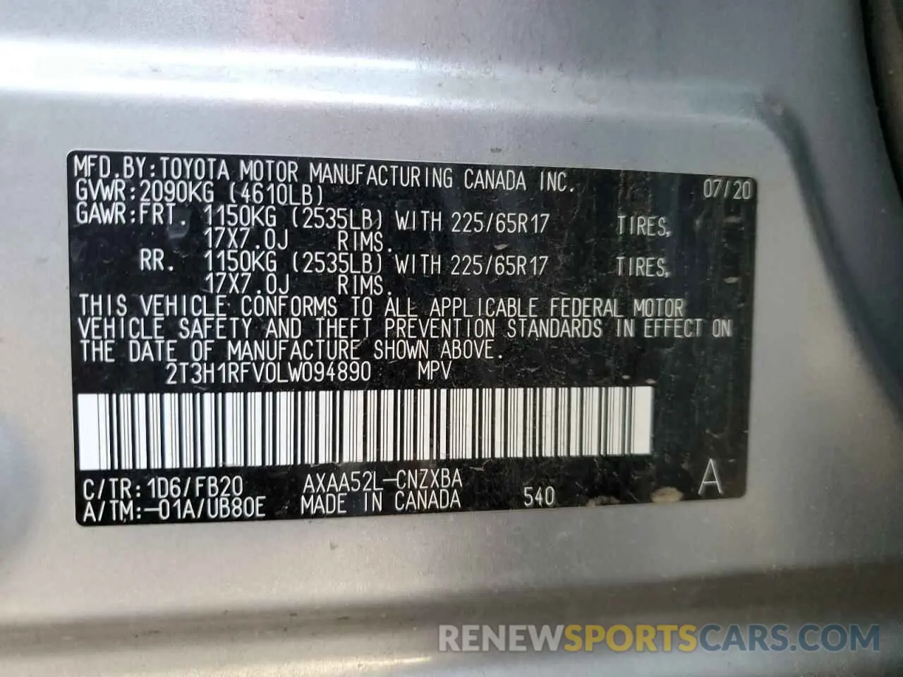 13 Photograph of a damaged car 2T3H1RFV0LW094890 TOYOTA RAV4 2020