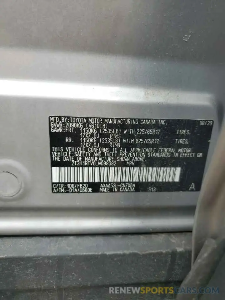 13 Photograph of a damaged car 2T3H1RFV0LW098082 TOYOTA RAV4 2020