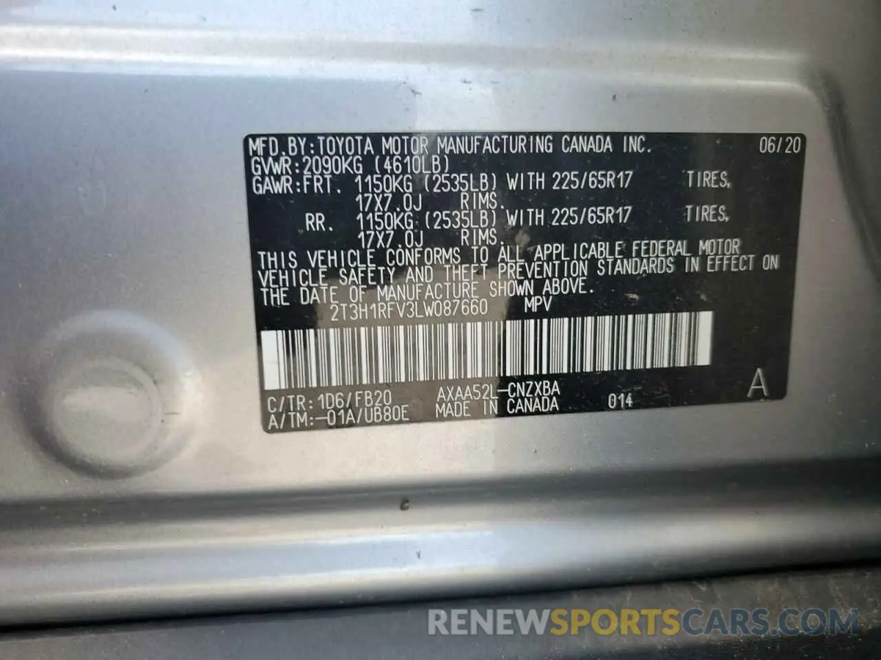 13 Photograph of a damaged car 2T3H1RFV3LW087660 TOYOTA RAV4 2020