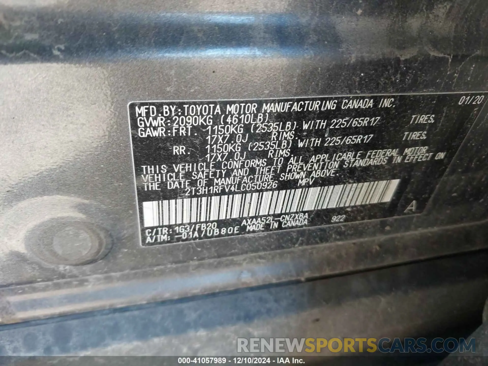 9 Photograph of a damaged car 2T3H1RFV4LC050926 TOYOTA RAV4 2020
