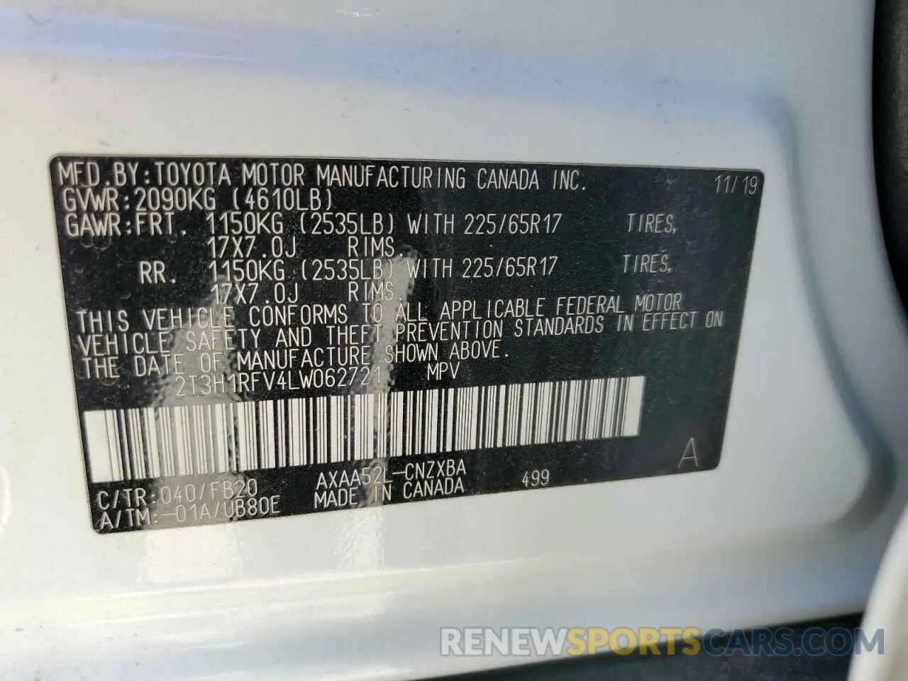 13 Photograph of a damaged car 2T3H1RFV4LW062721 TOYOTA RAV4 2020
