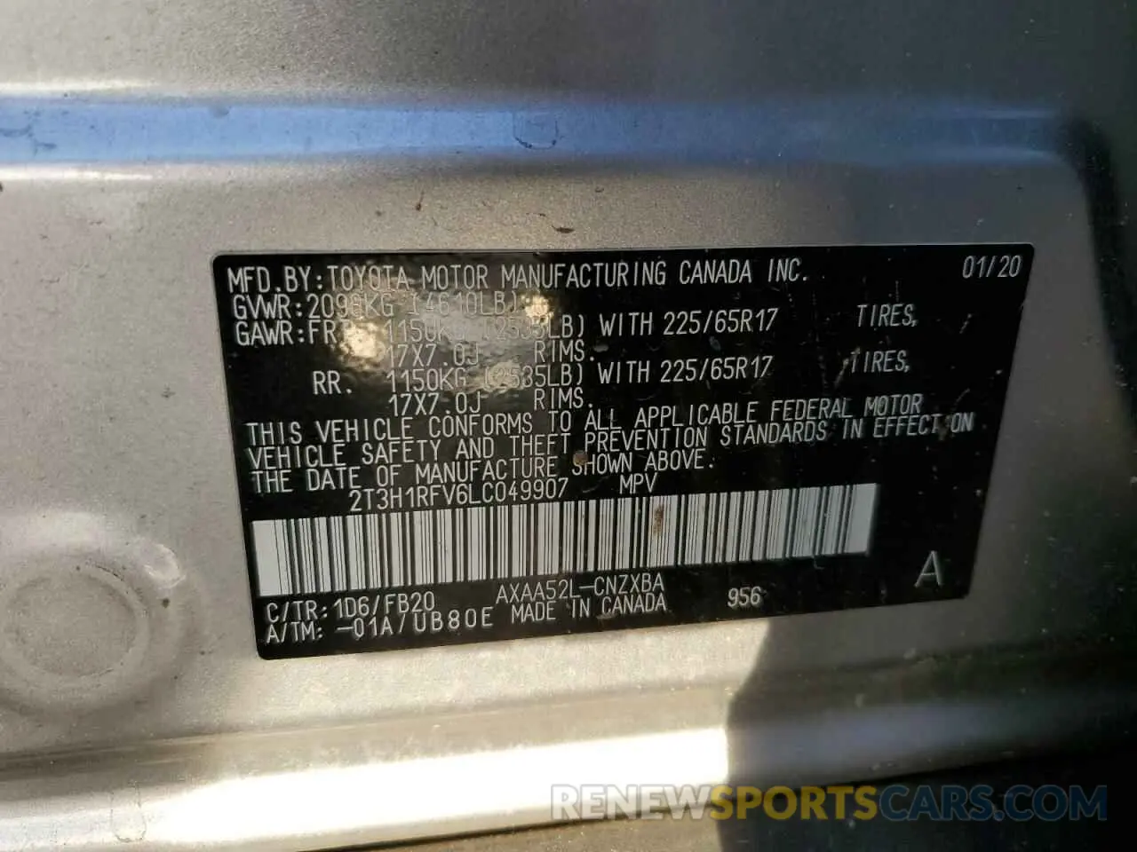 14 Photograph of a damaged car 2T3H1RFV6LC049907 TOYOTA RAV4 2020