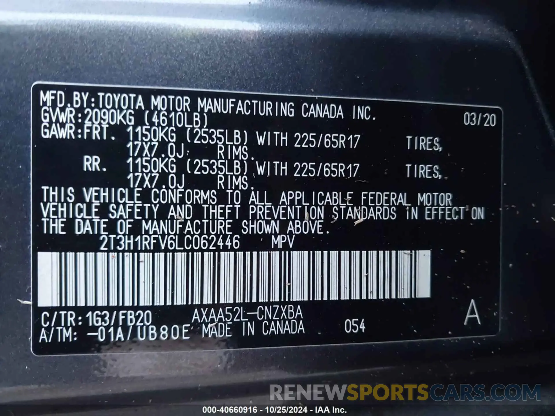 9 Photograph of a damaged car 2T3H1RFV6LC062446 TOYOTA RAV4 2020