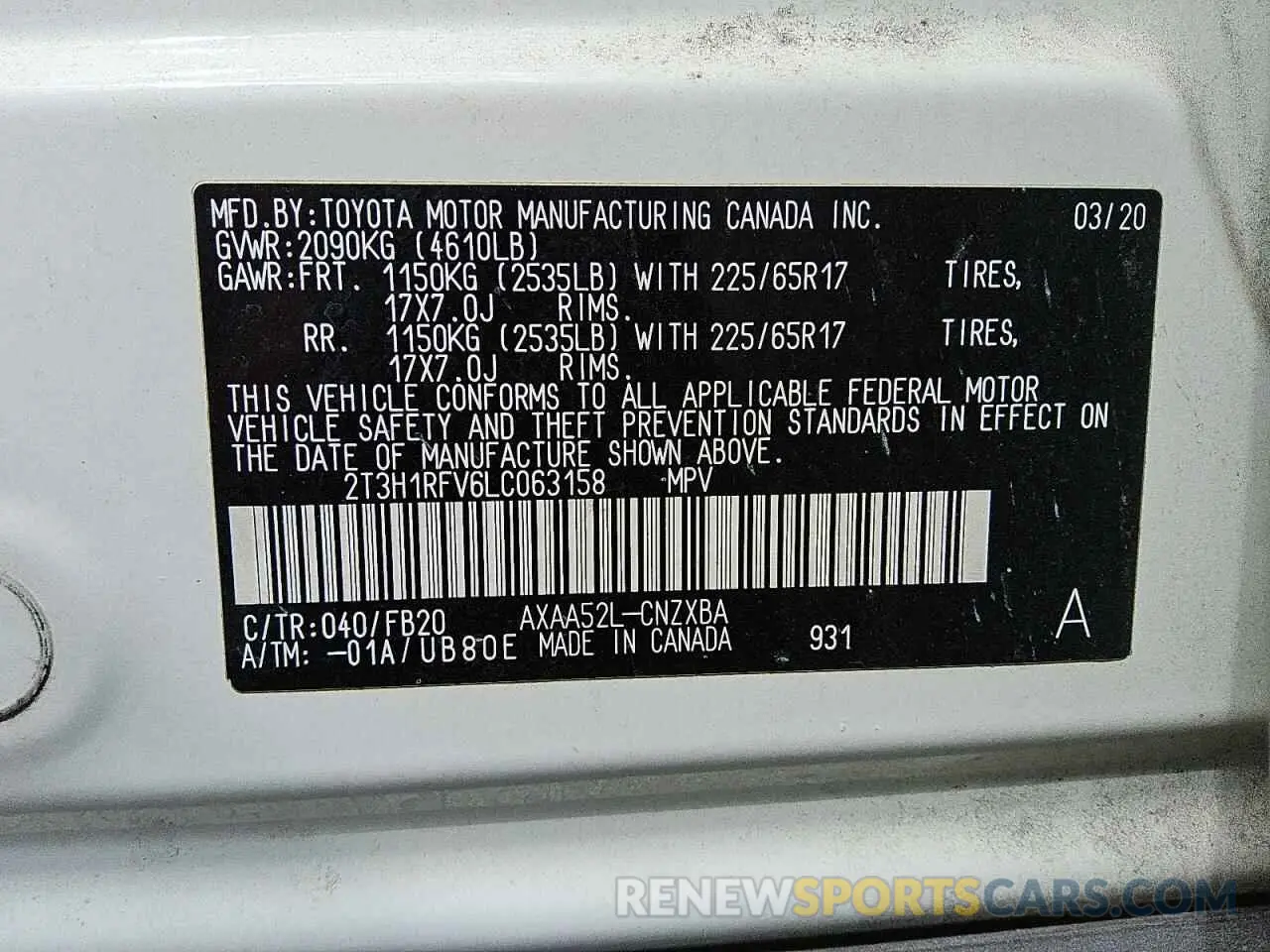 13 Photograph of a damaged car 2T3H1RFV6LC063158 TOYOTA RAV4 2020
