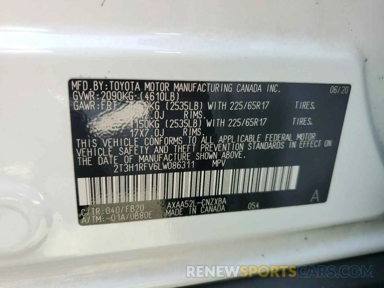 13 Photograph of a damaged car 2T3H1RFV6LW086311 TOYOTA RAV4 2020
