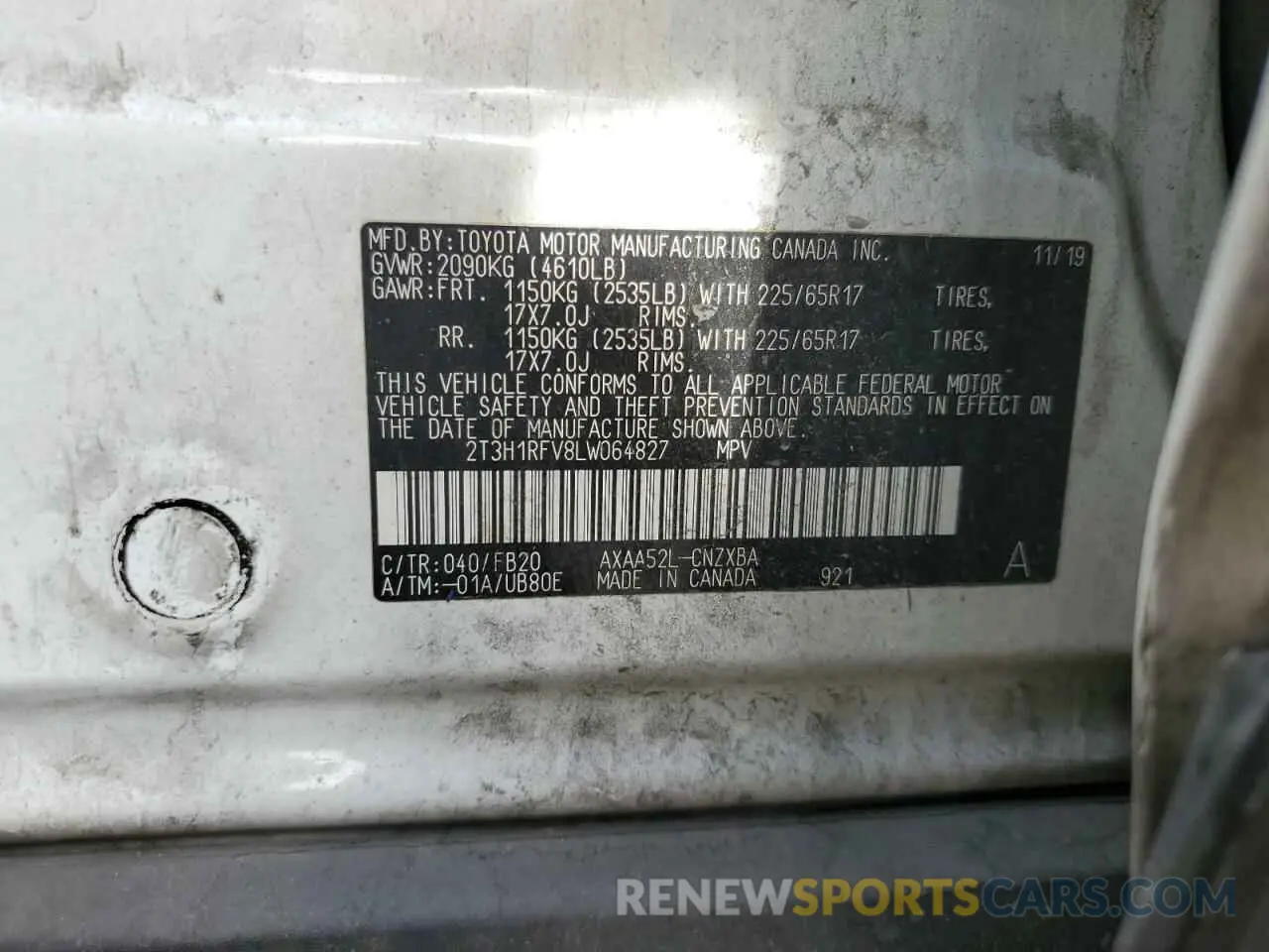 13 Photograph of a damaged car 2T3H1RFV8LW064827 TOYOTA RAV4 2020