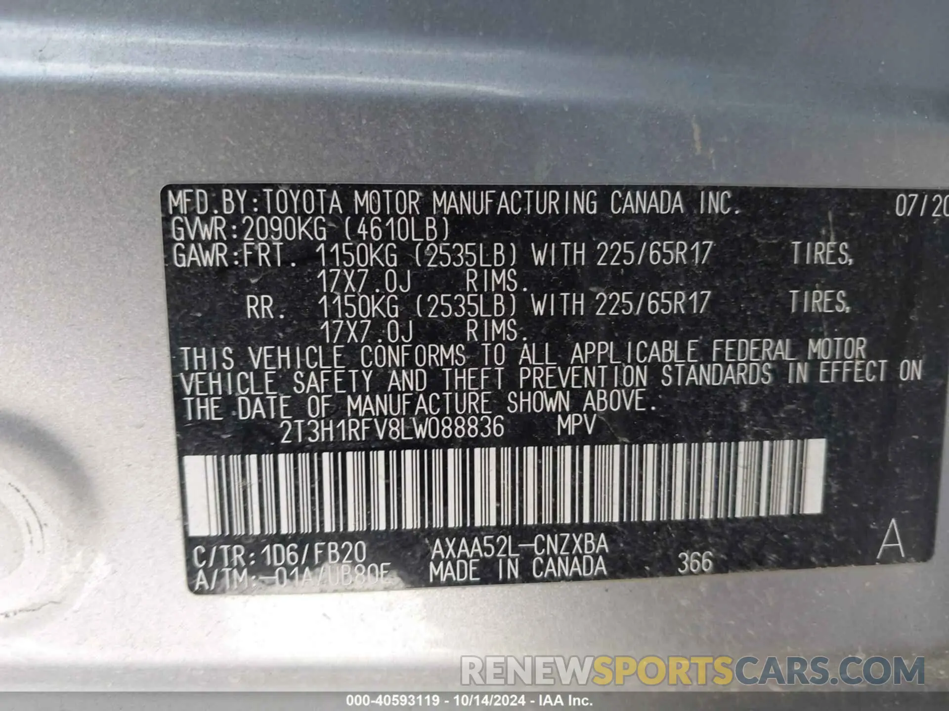 9 Photograph of a damaged car 2T3H1RFV8LW088836 TOYOTA RAV4 2020