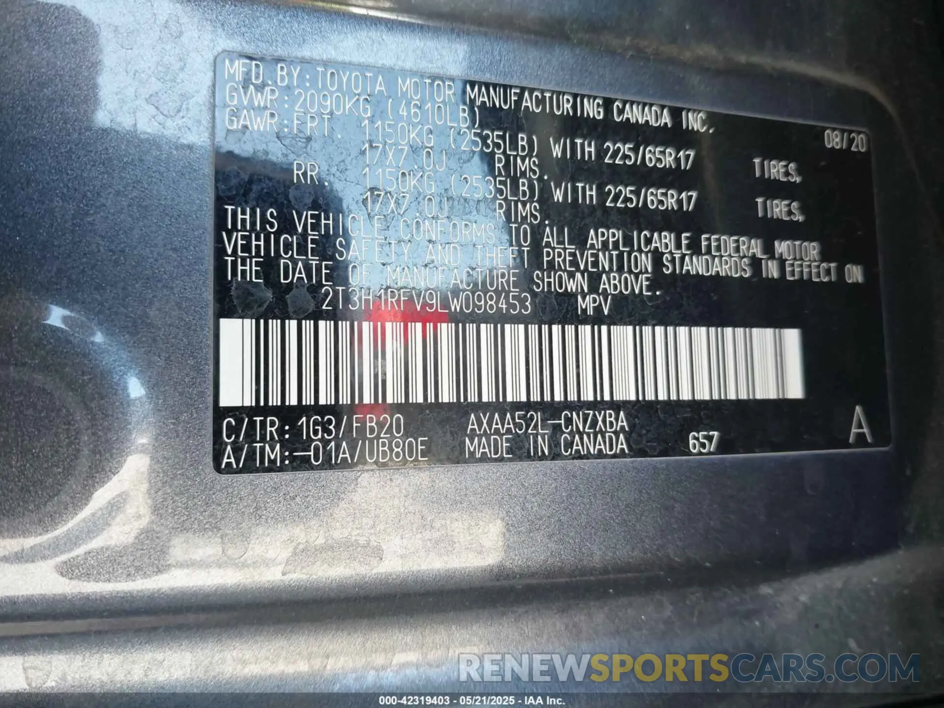 9 Photograph of a damaged car 2T3H1RFV9LW098453 TOYOTA RAV4 2020