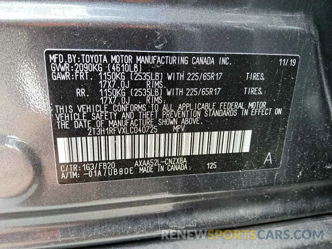 12 Photograph of a damaged car 2T3H1RFVXLC040725 TOYOTA RAV4 2020