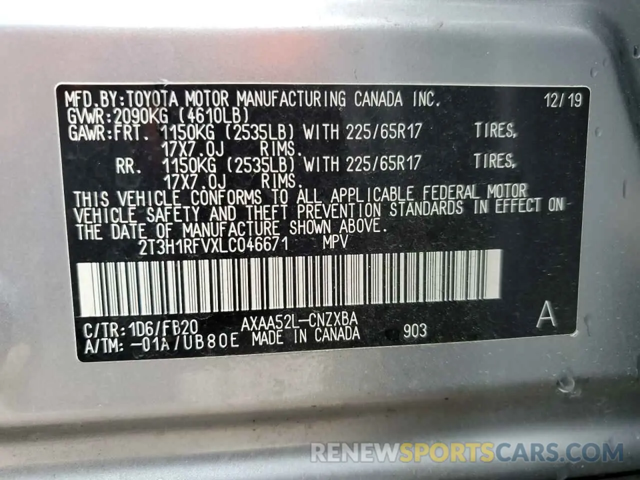 14 Photograph of a damaged car 2T3H1RFVXLC046671 TOYOTA RAV4 2020