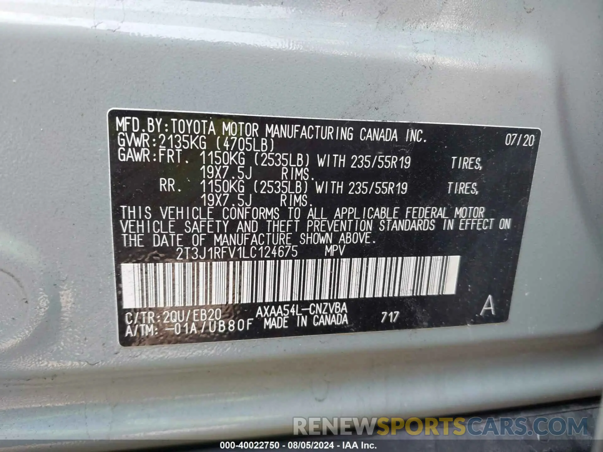 9 Photograph of a damaged car 2T3J1RFV1LC124675 TOYOTA RAV4 2020