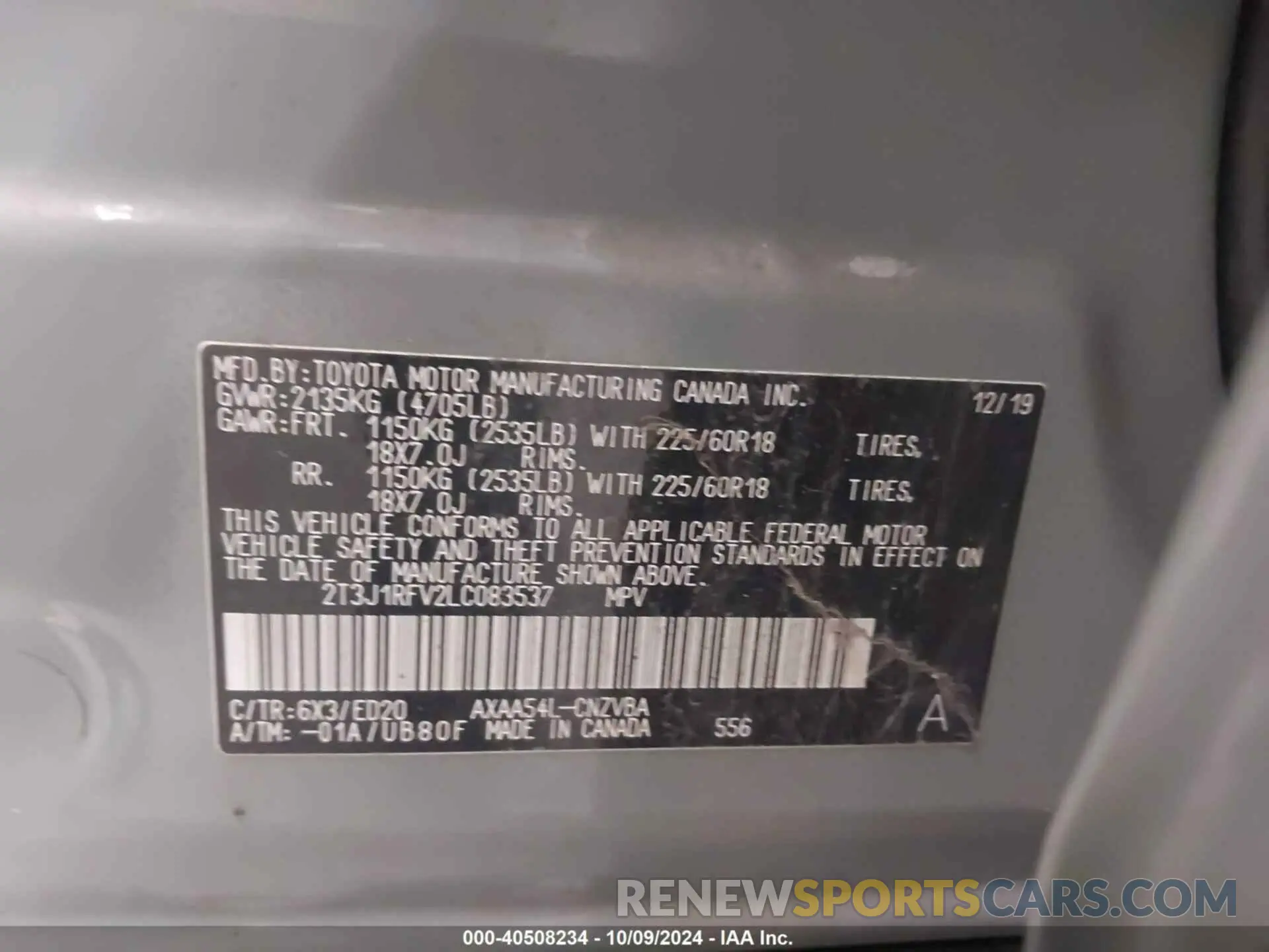 9 Photograph of a damaged car 2T3J1RFV2LC083537 TOYOTA RAV4 2020