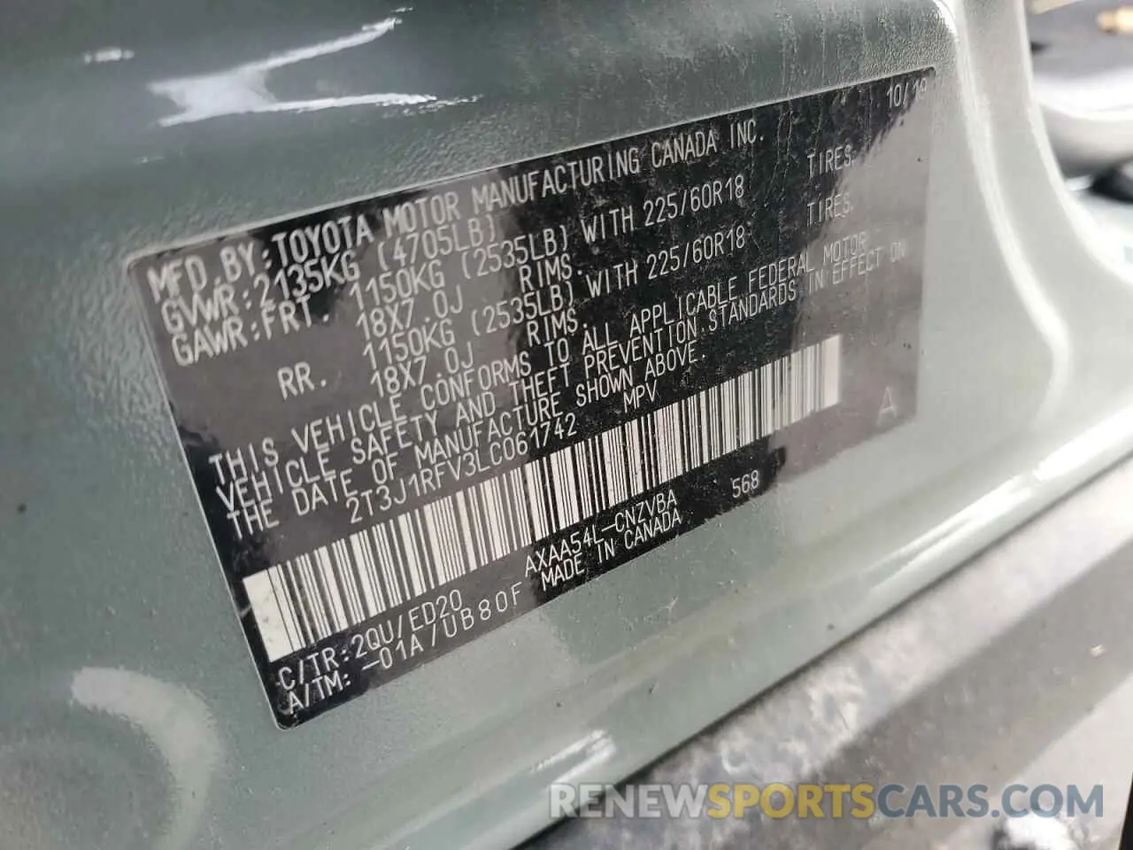 14 Photograph of a damaged car 2T3J1RFV3LC061742 TOYOTA RAV4 2020