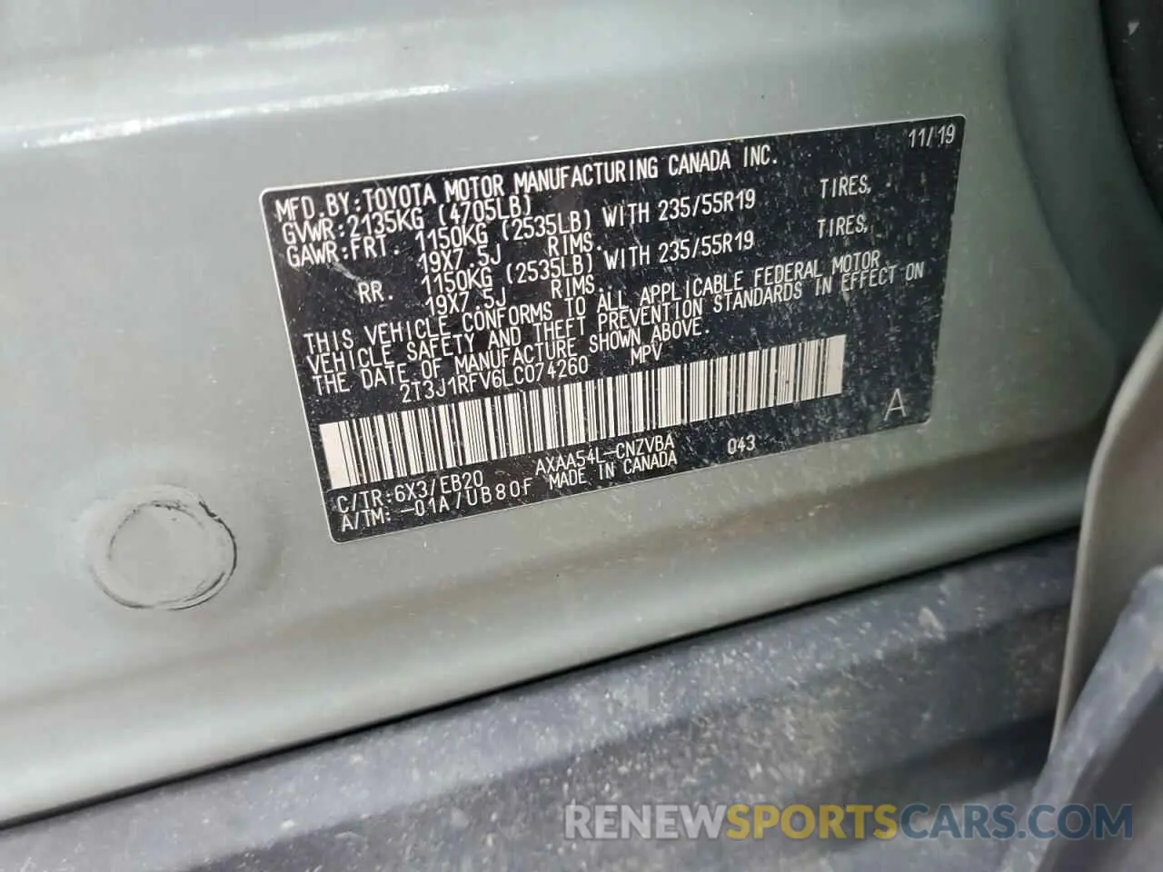 13 Photograph of a damaged car 2T3J1RFV6LC074260 TOYOTA RAV4 2020
