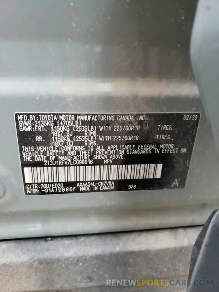 13 Photograph of a damaged car 2T3J1RFV7LC098616 TOYOTA RAV4 2020