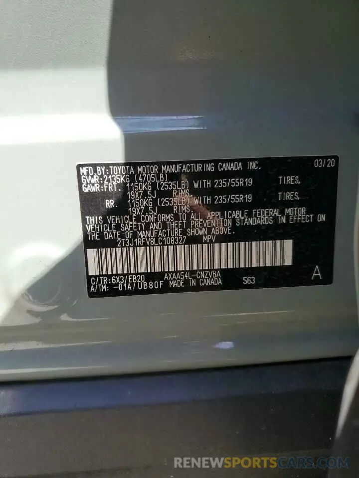 13 Photograph of a damaged car 2T3J1RFV8LC108327 TOYOTA RAV4 2020
