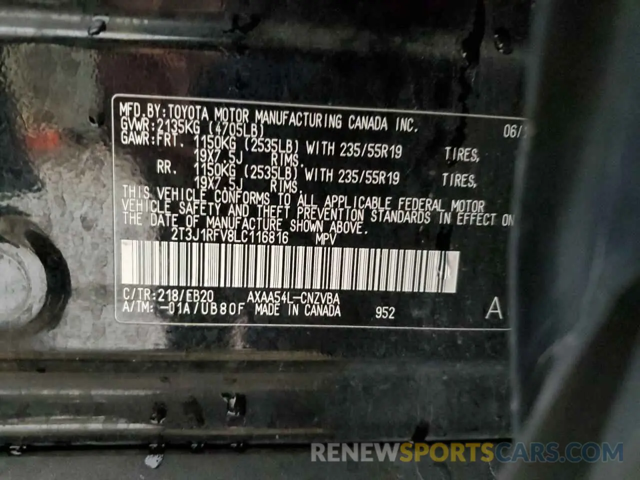 13 Photograph of a damaged car 2T3J1RFV8LC116816 TOYOTA RAV4 2020