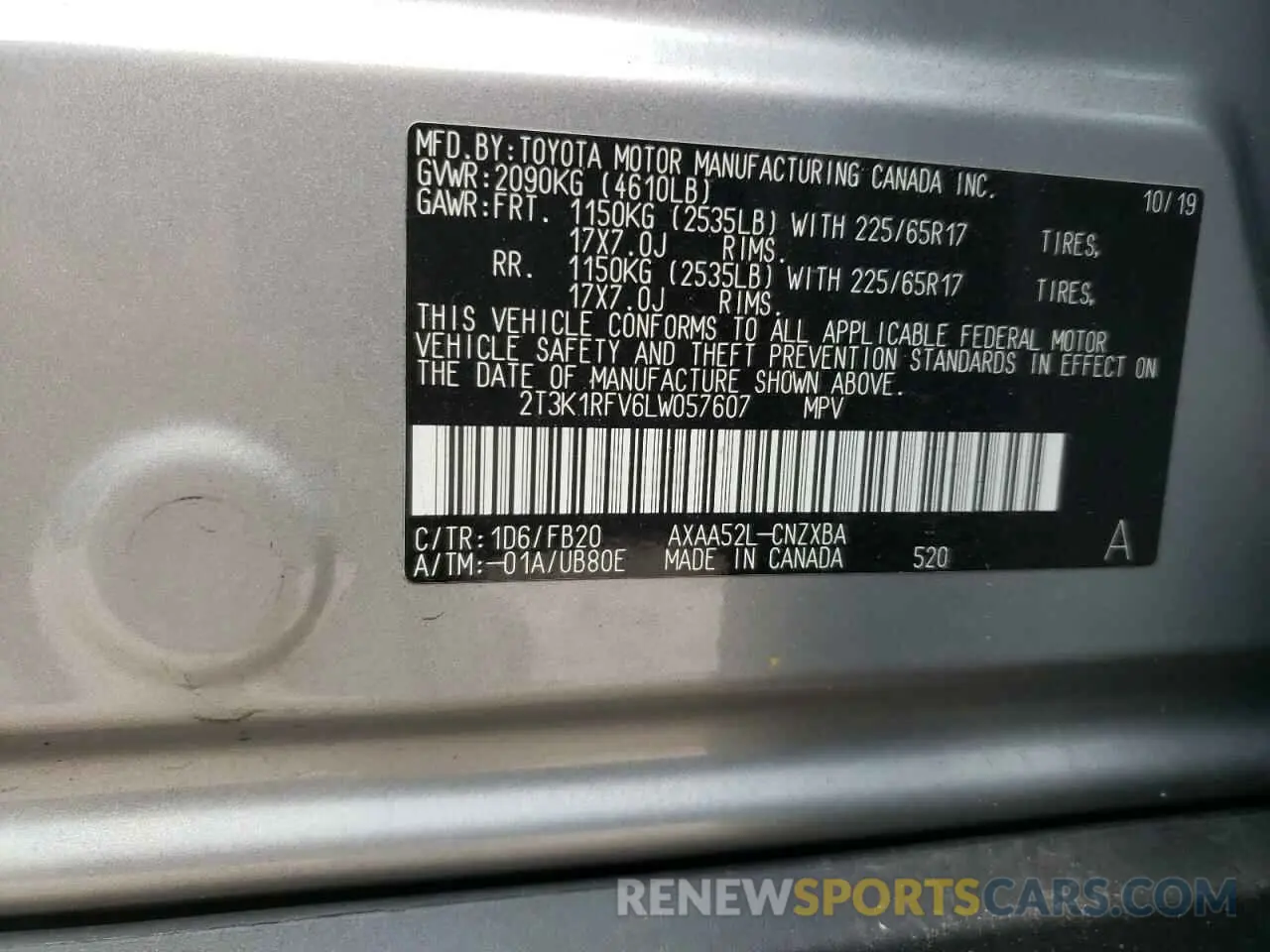 13 Photograph of a damaged car 2T3K1RFV6LW057607 TOYOTA RAV4 2020