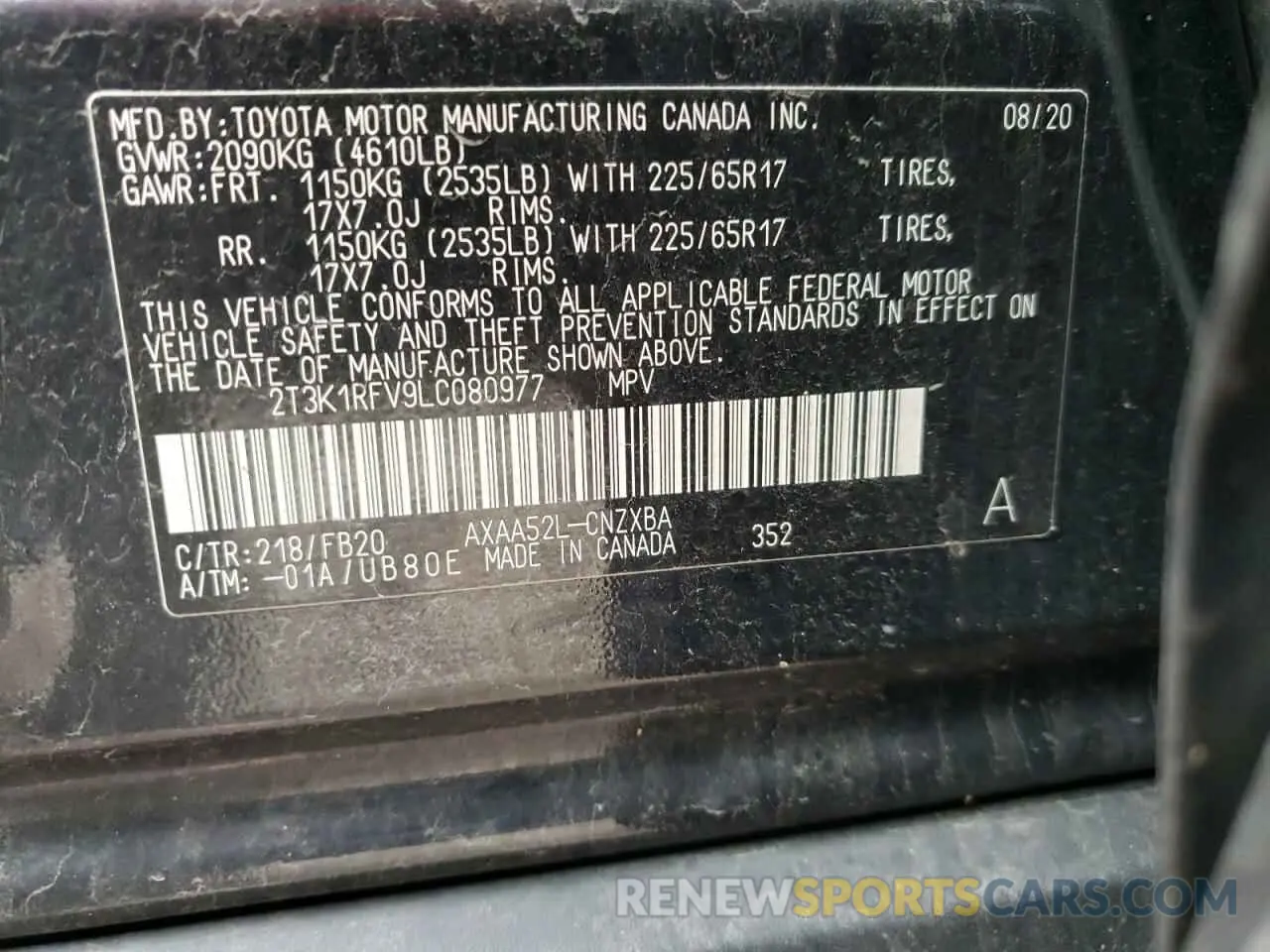 10 Photograph of a damaged car 2T3K1RFV9LC080977 TOYOTA RAV4 2020