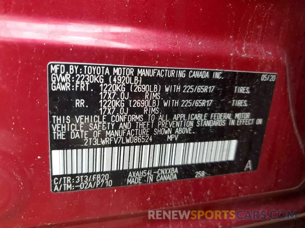 13 Photograph of a damaged car 2T3LWRFV7LW086524 TOYOTA RAV4 2020
