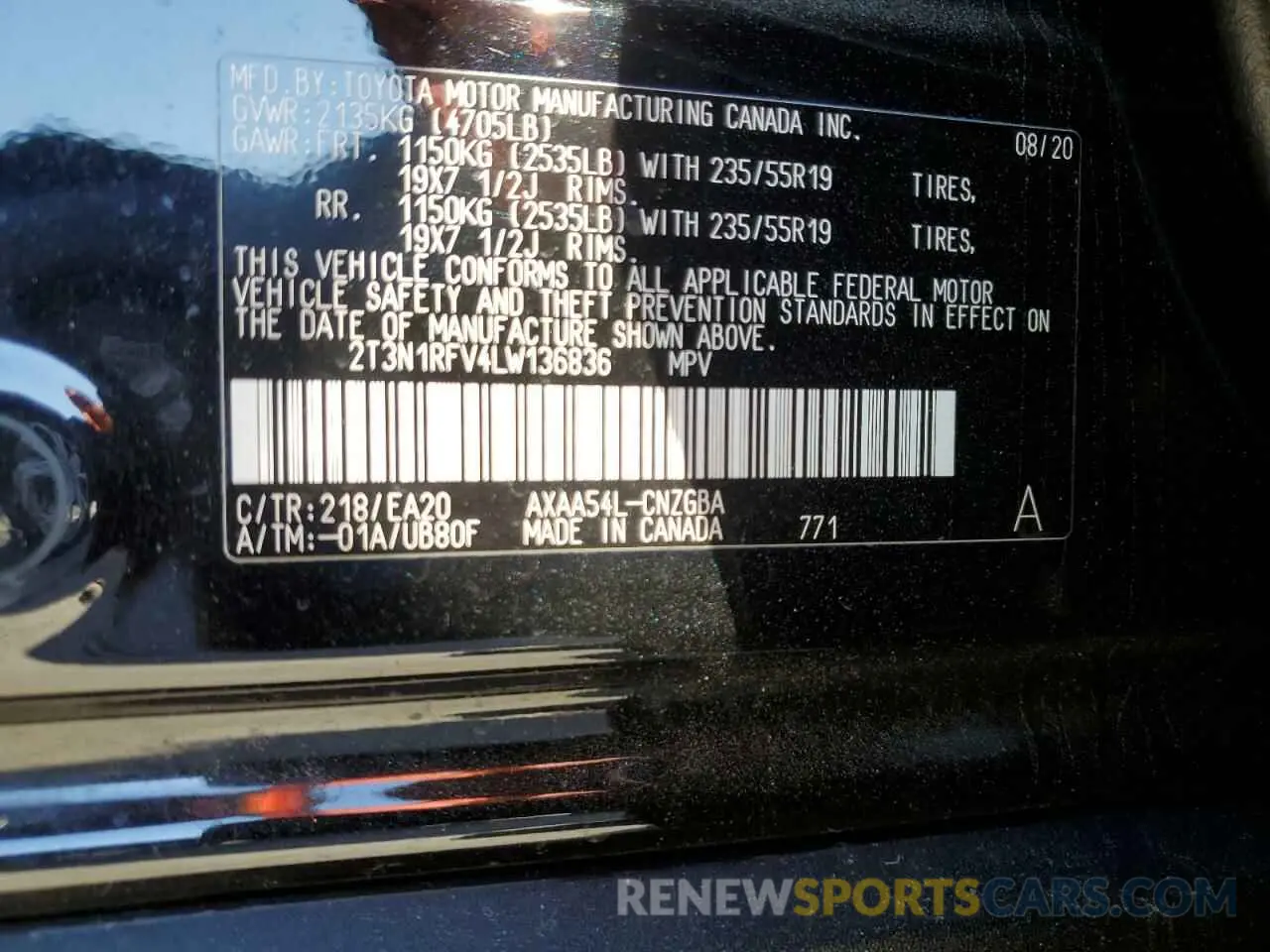 13 Photograph of a damaged car 2T3N1RFV4LW136836 TOYOTA RAV4 2020