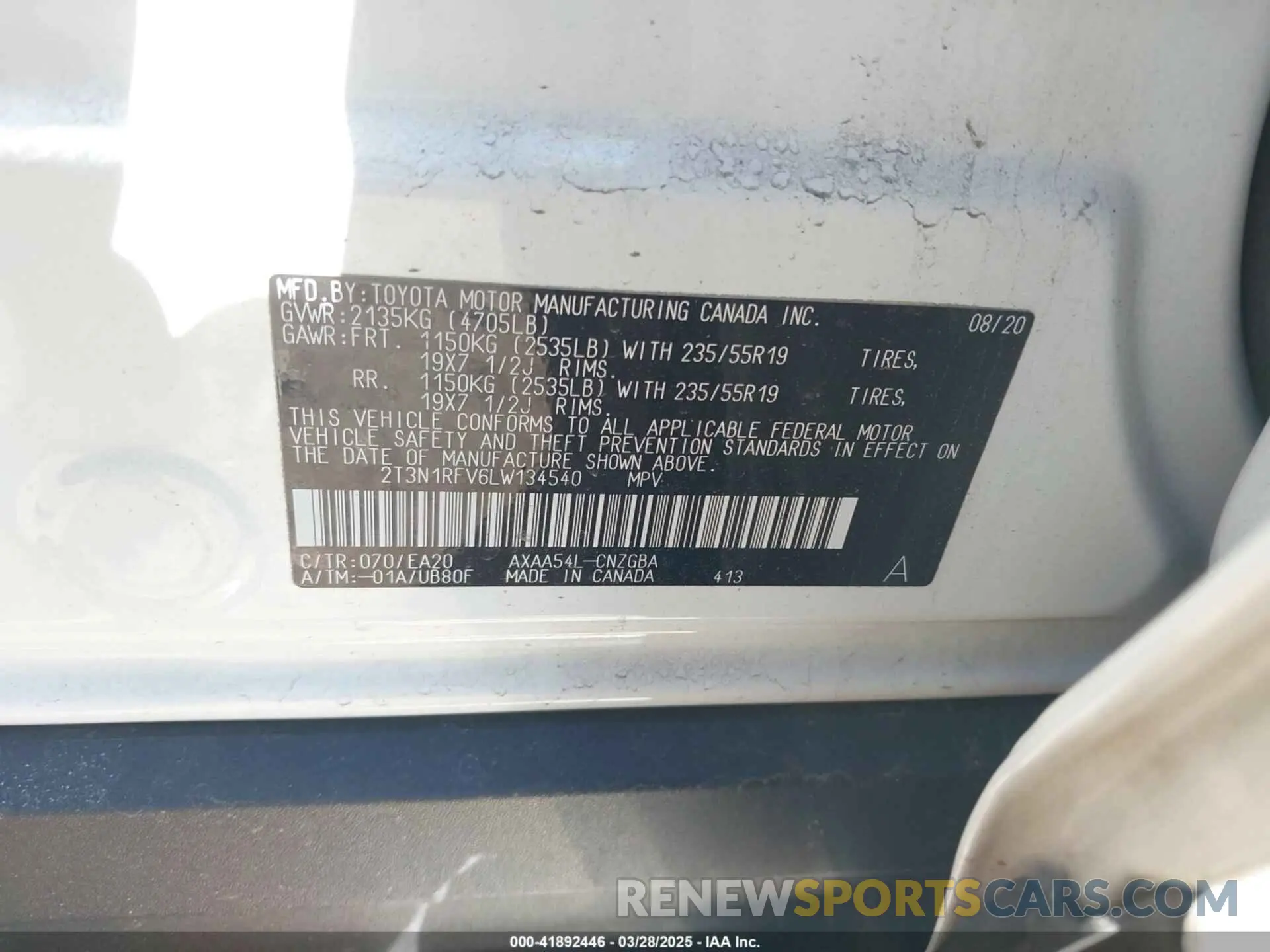 9 Photograph of a damaged car 2T3N1RFV6LW134540 TOYOTA RAV4 2020