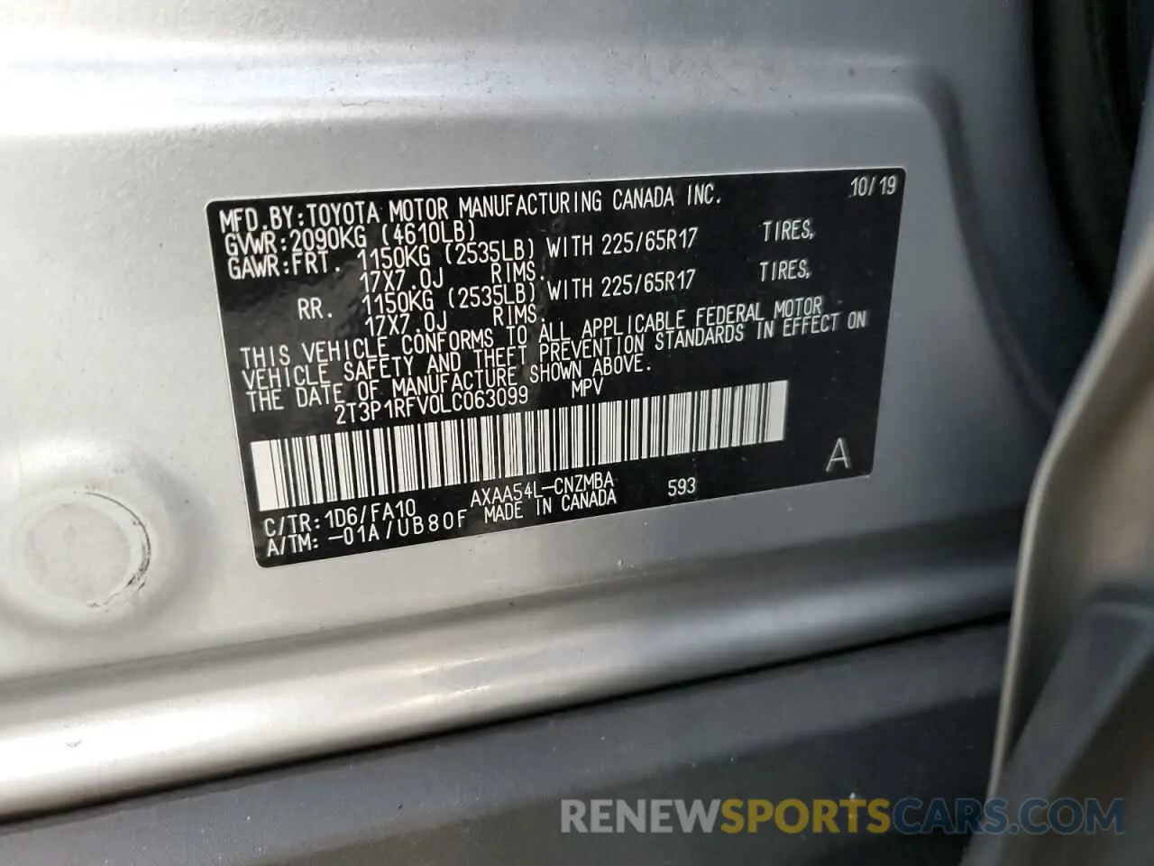 14 Photograph of a damaged car 2T3P1RFV0LC063099 TOYOTA RAV4 2020