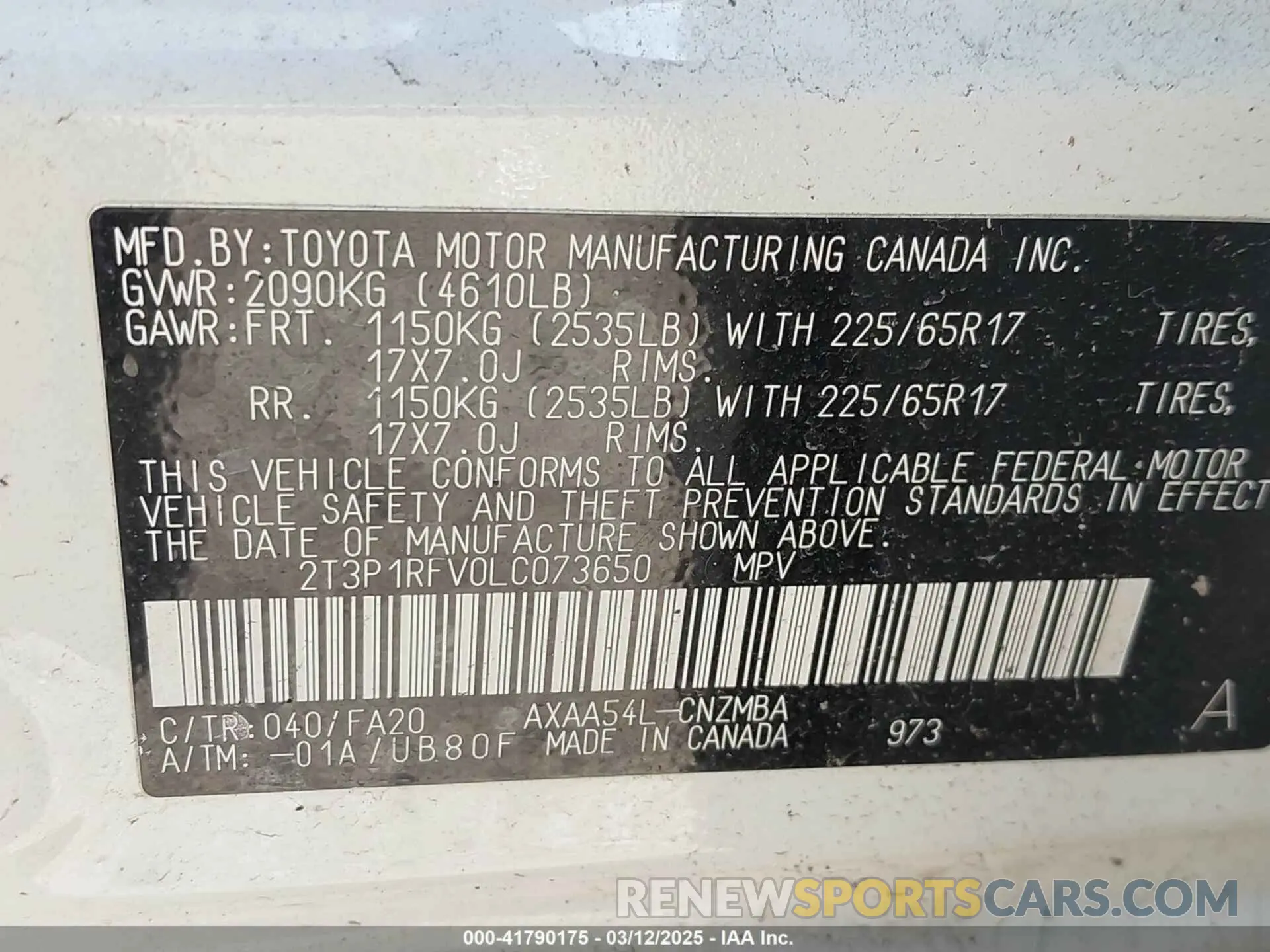 9 Photograph of a damaged car 2T3P1RFV0LC073650 TOYOTA RAV4 2020