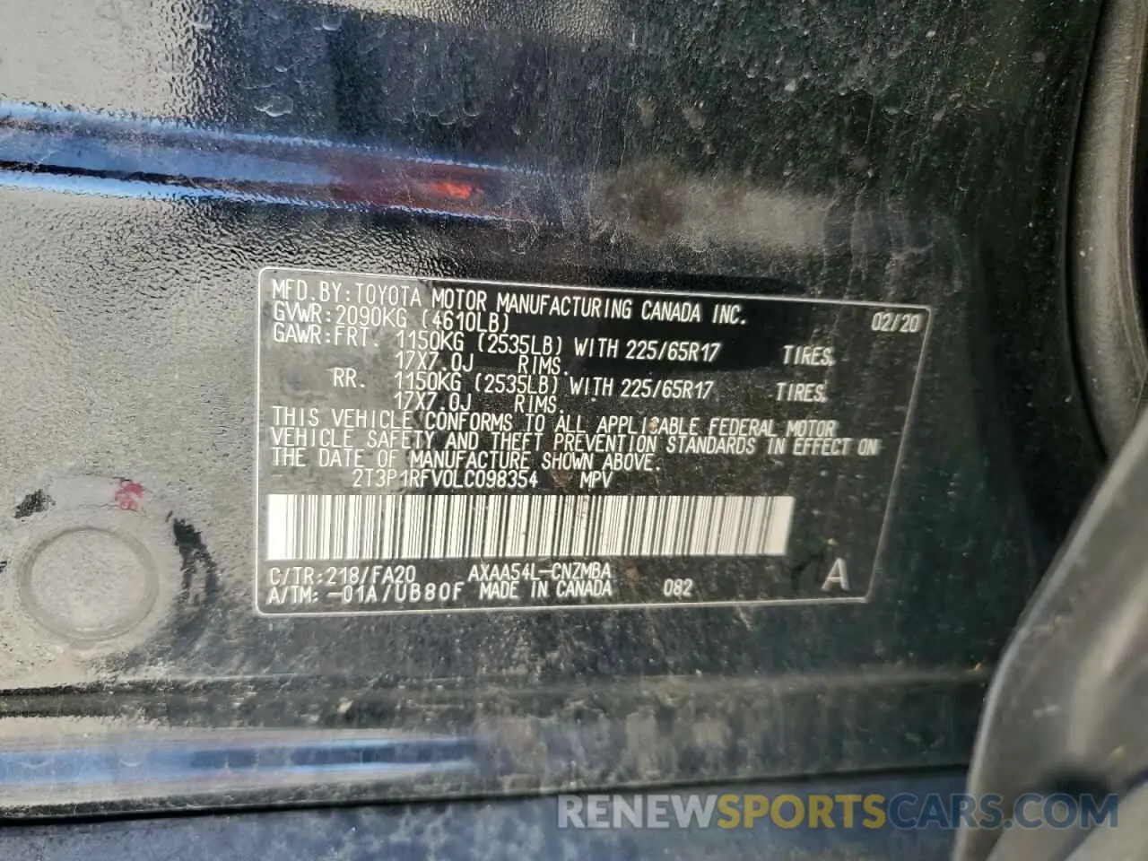 13 Photograph of a damaged car 2T3P1RFV0LC098354 TOYOTA RAV4 2020