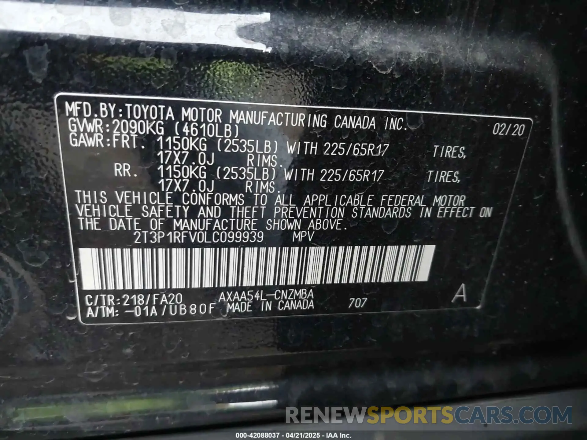 9 Photograph of a damaged car 2T3P1RFV0LC099939 TOYOTA RAV4 2020