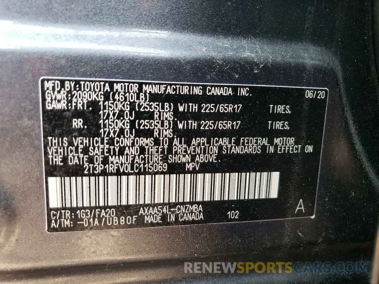 14 Photograph of a damaged car 2T3P1RFV0LC115069 TOYOTA RAV4 2020