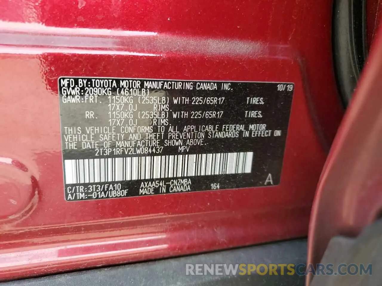 13 Photograph of a damaged car 2T3P1RFV2LW084437 TOYOTA RAV4 2020