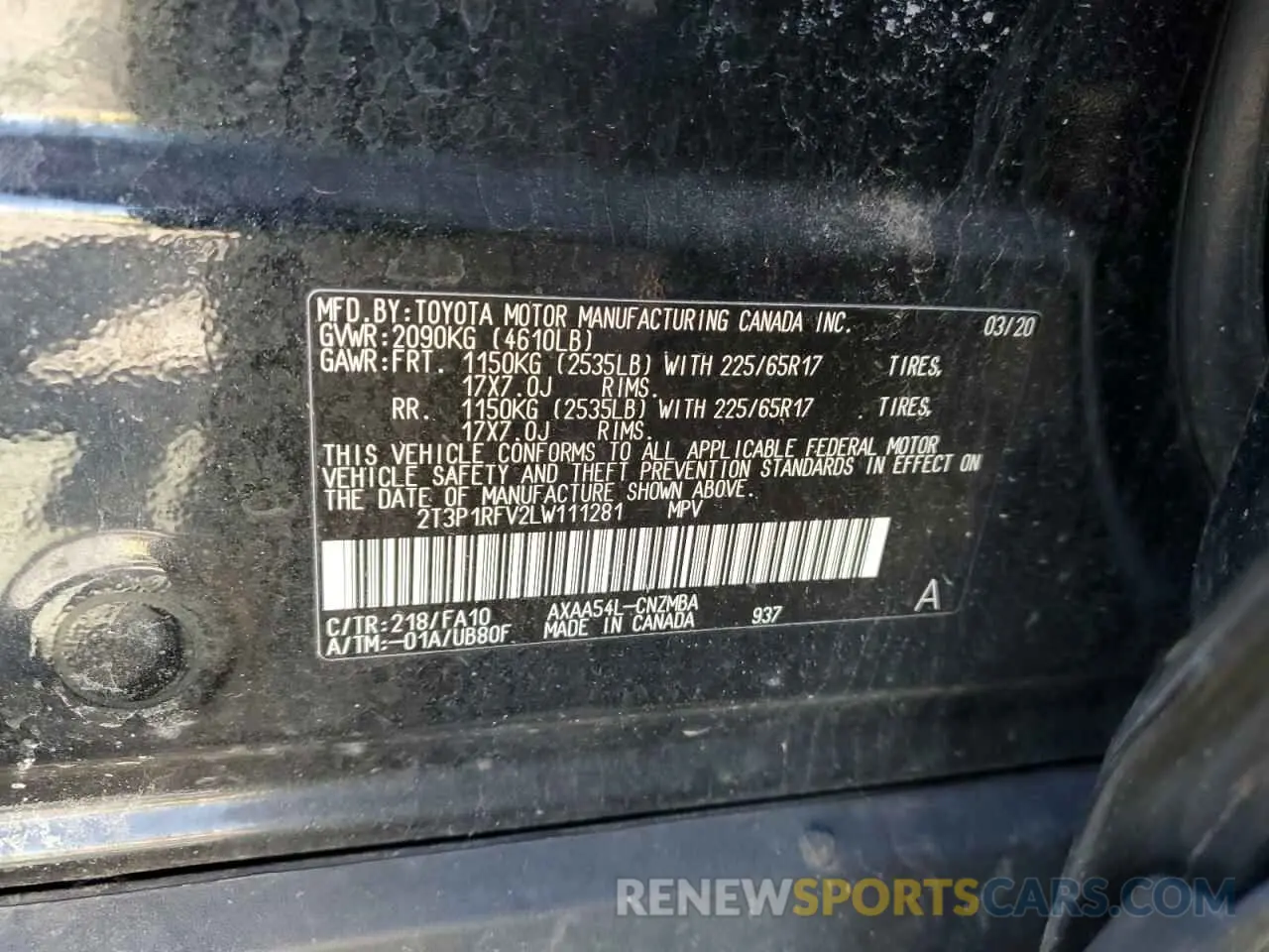 13 Photograph of a damaged car 2T3P1RFV2LW111281 TOYOTA RAV4 2020
