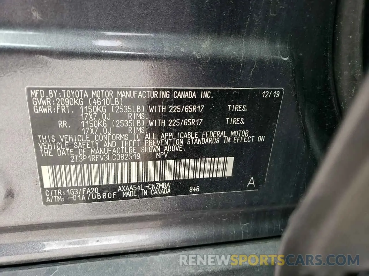 14 Photograph of a damaged car 2T3P1RFV3LC082519 TOYOTA RAV4 2020