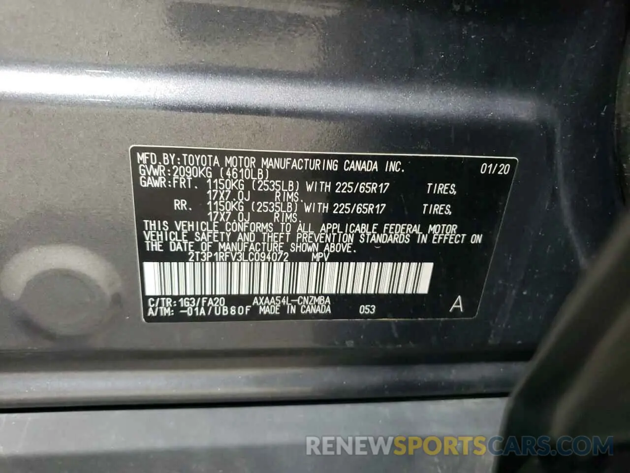 14 Photograph of a damaged car 2T3P1RFV3LC094072 TOYOTA RAV4 2020