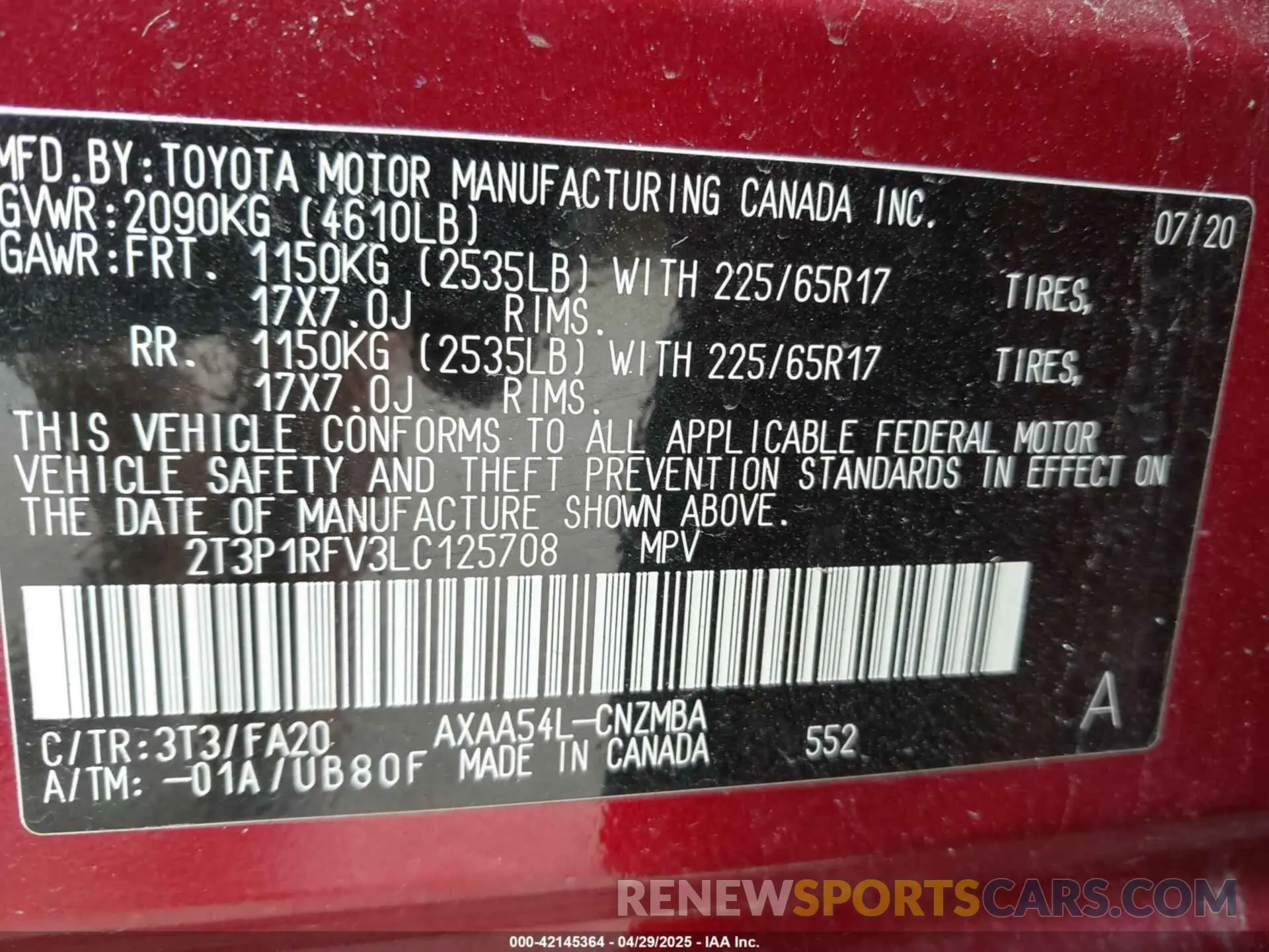 9 Photograph of a damaged car 2T3P1RFV3LC125708 TOYOTA RAV4 2020