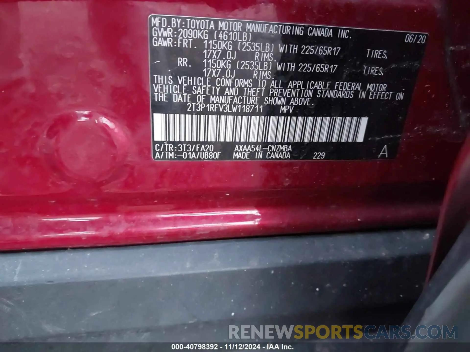 9 Photograph of a damaged car 2T3P1RFV3LW118711 TOYOTA RAV4 2020