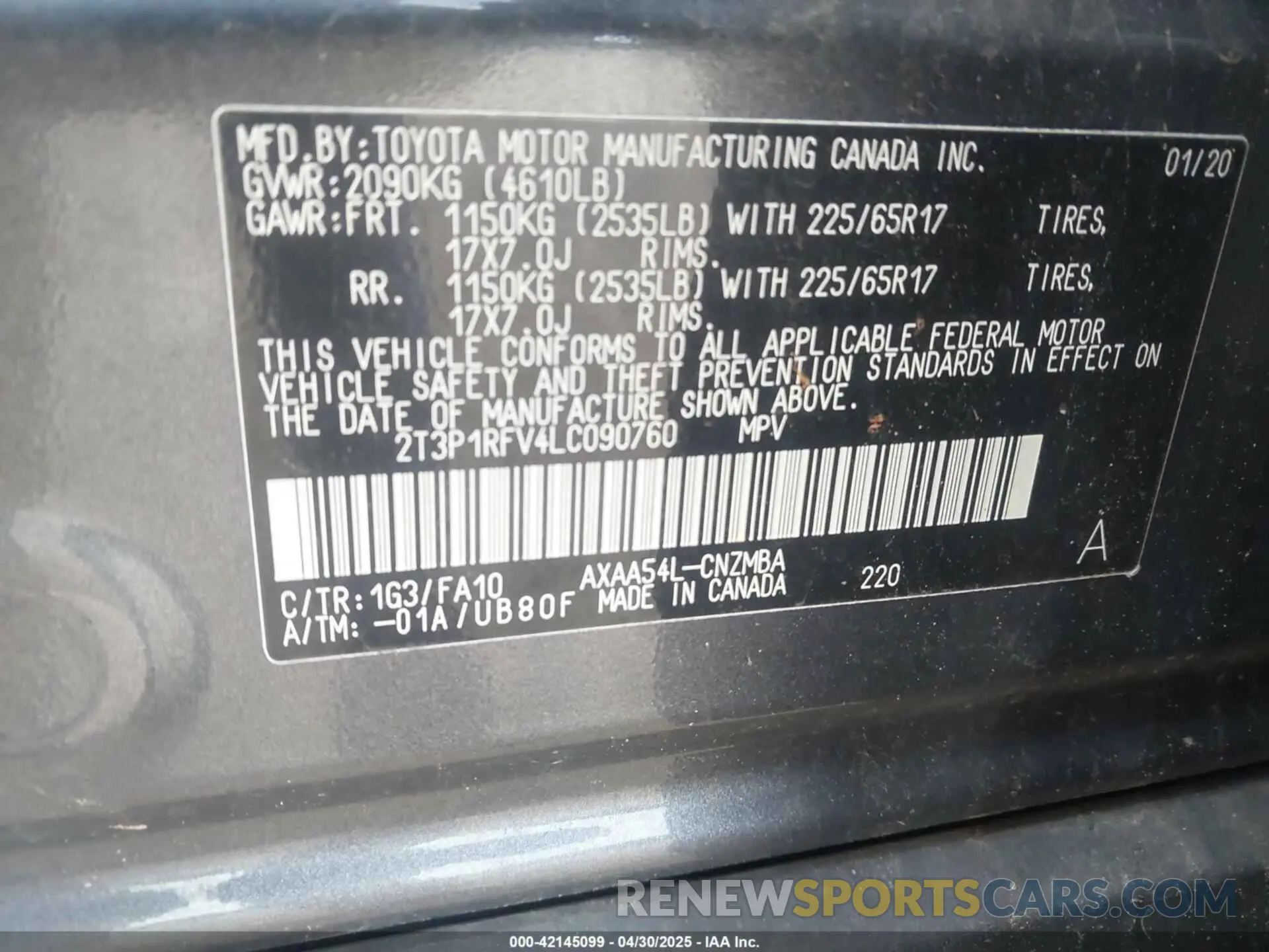 9 Photograph of a damaged car 2T3P1RFV4LC090760 TOYOTA RAV4 2020