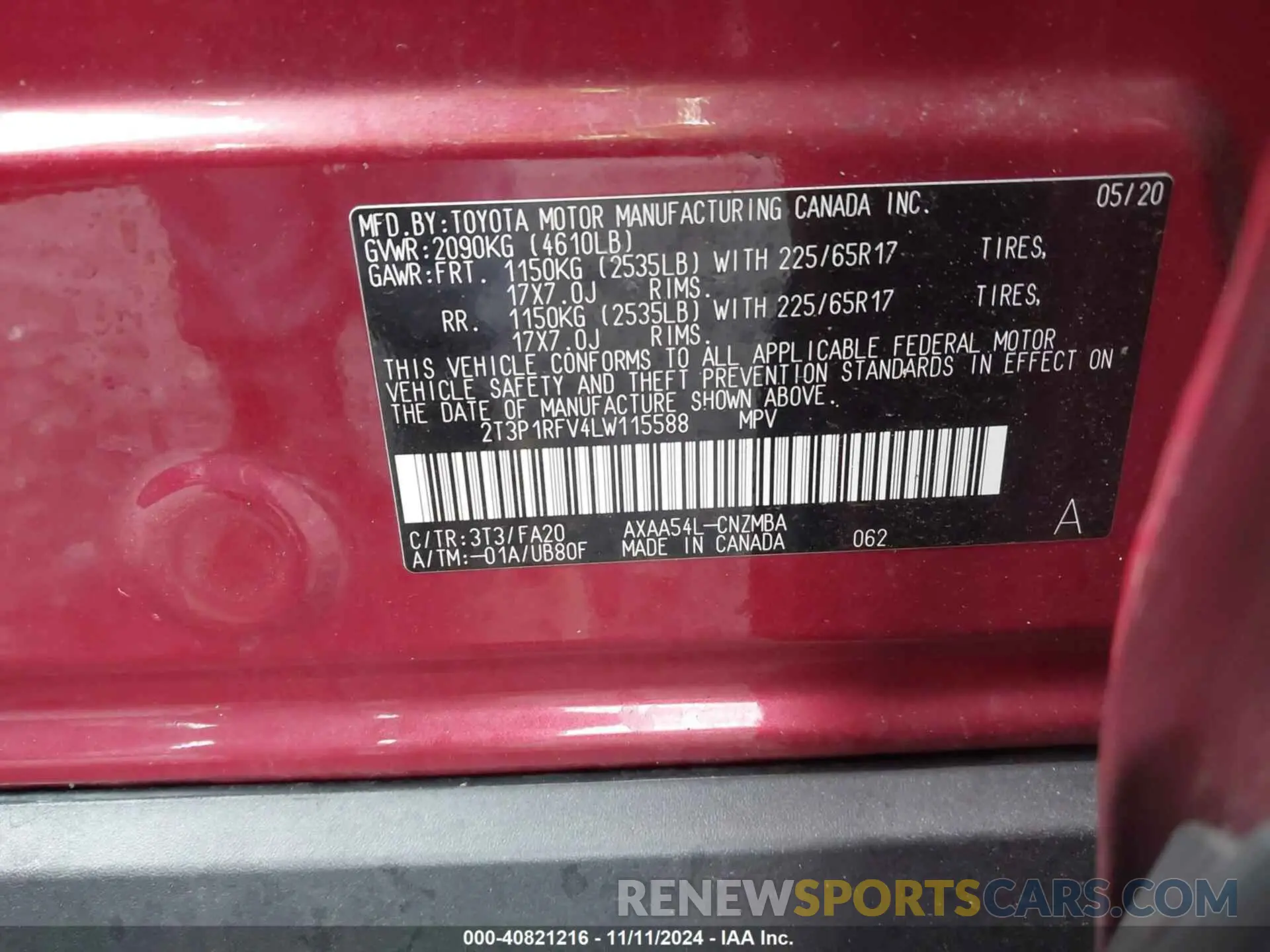 9 Photograph of a damaged car 2T3P1RFV4LW115588 TOYOTA RAV4 2020