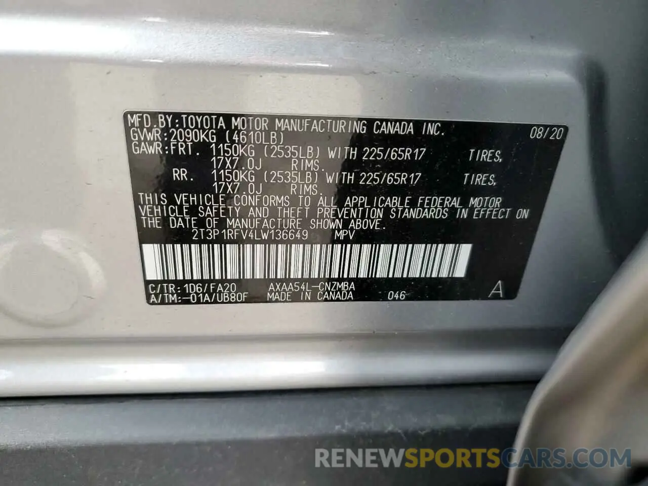13 Photograph of a damaged car 2T3P1RFV4LW136649 TOYOTA RAV4 2020