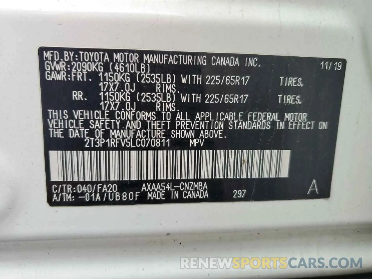 13 Photograph of a damaged car 2T3P1RFV5LC070811 TOYOTA RAV4 2020