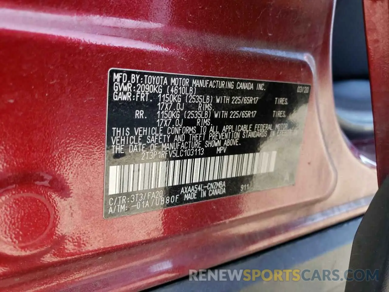 13 Photograph of a damaged car 2T3P1RFV5LC103113 TOYOTA RAV4 2020