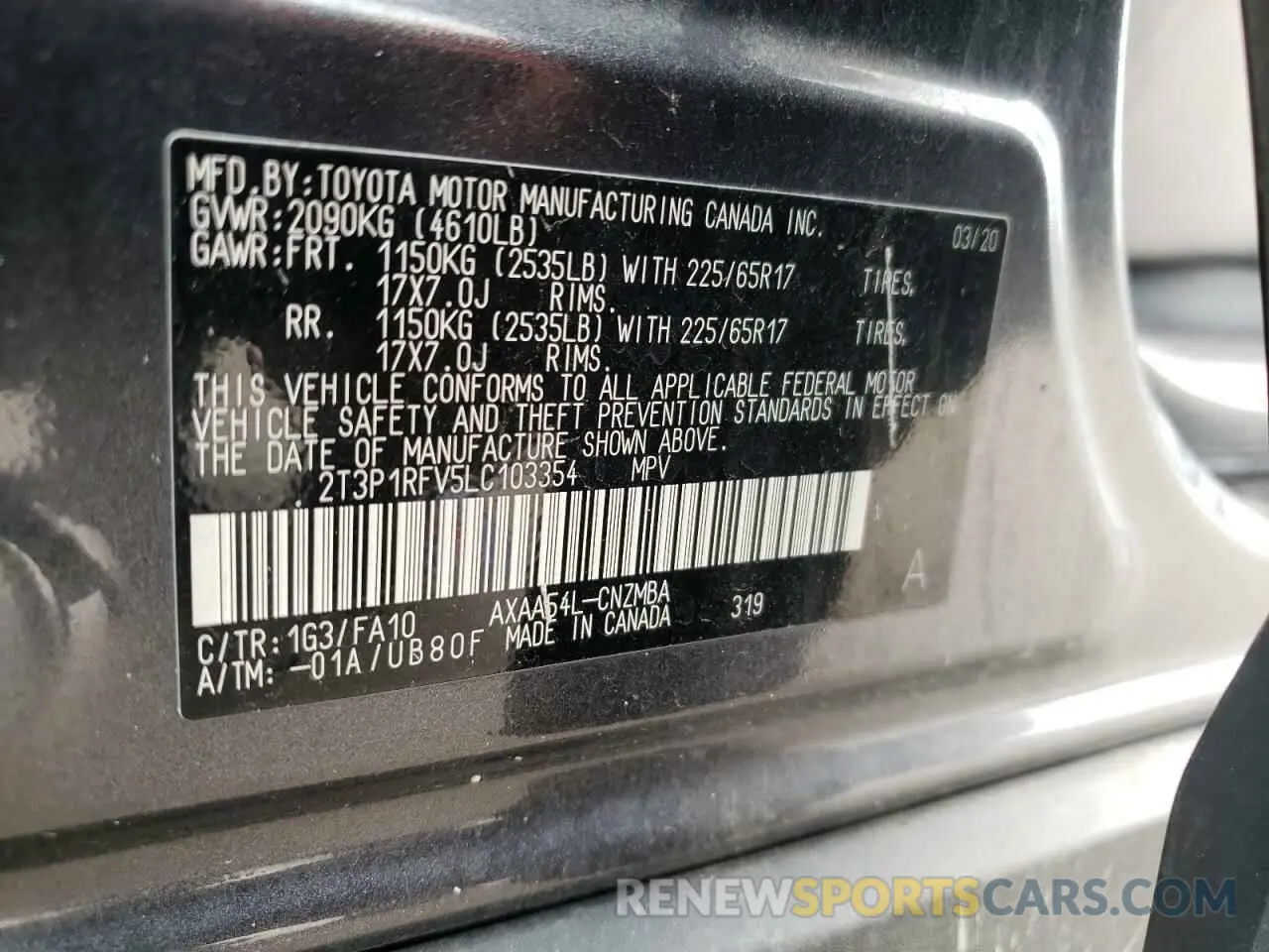 10 Photograph of a damaged car 2T3P1RFV5LC103354 TOYOTA RAV4 2020