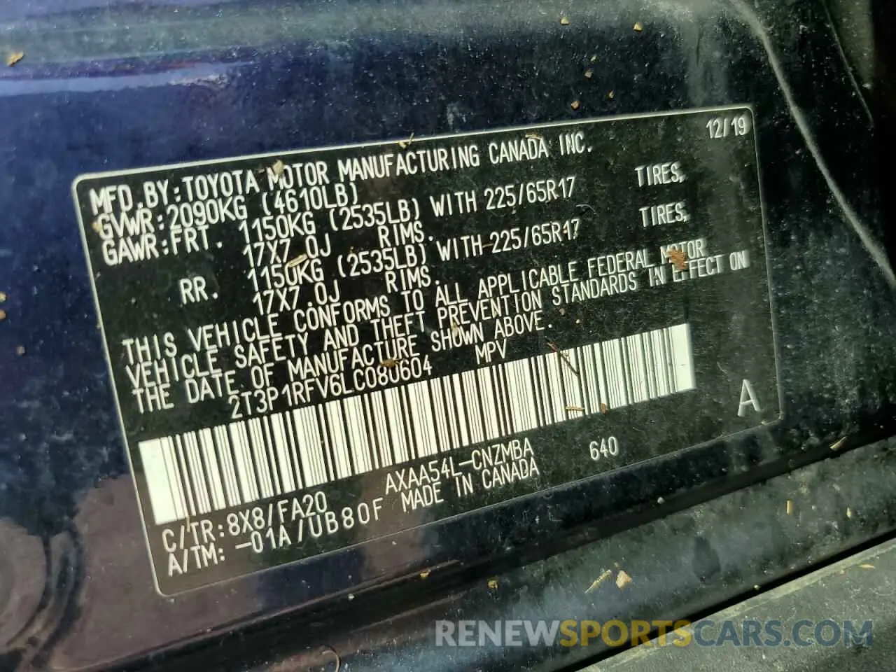 14 Photograph of a damaged car 2T3P1RFV6LC080604 TOYOTA RAV4 2020