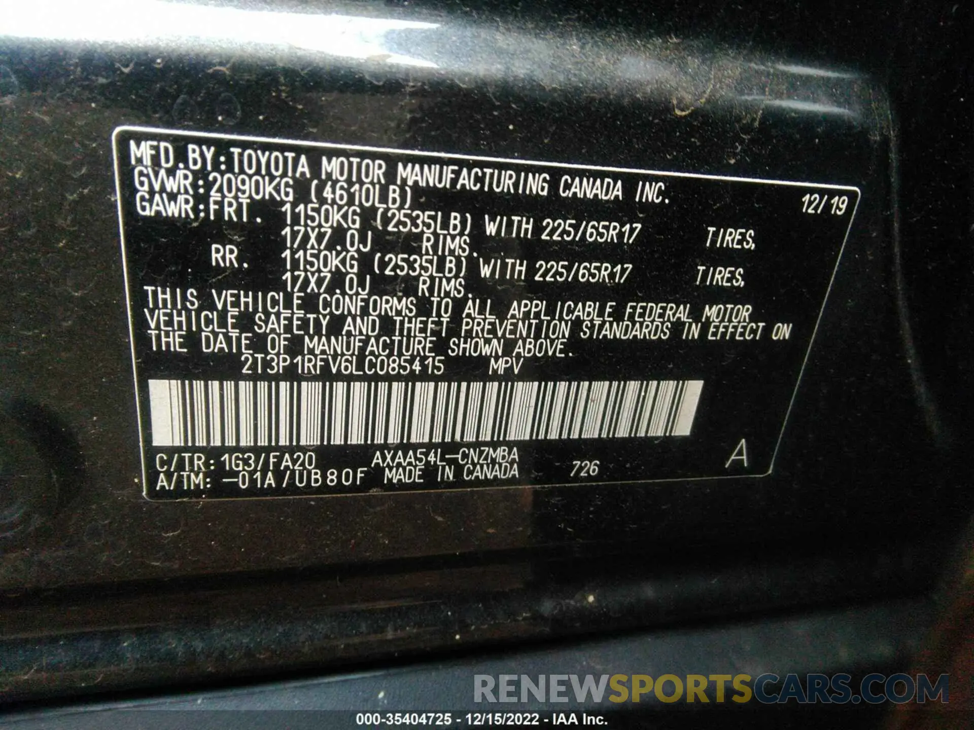 9 Photograph of a damaged car 2T3P1RFV6LC085415 TOYOTA RAV4 2020