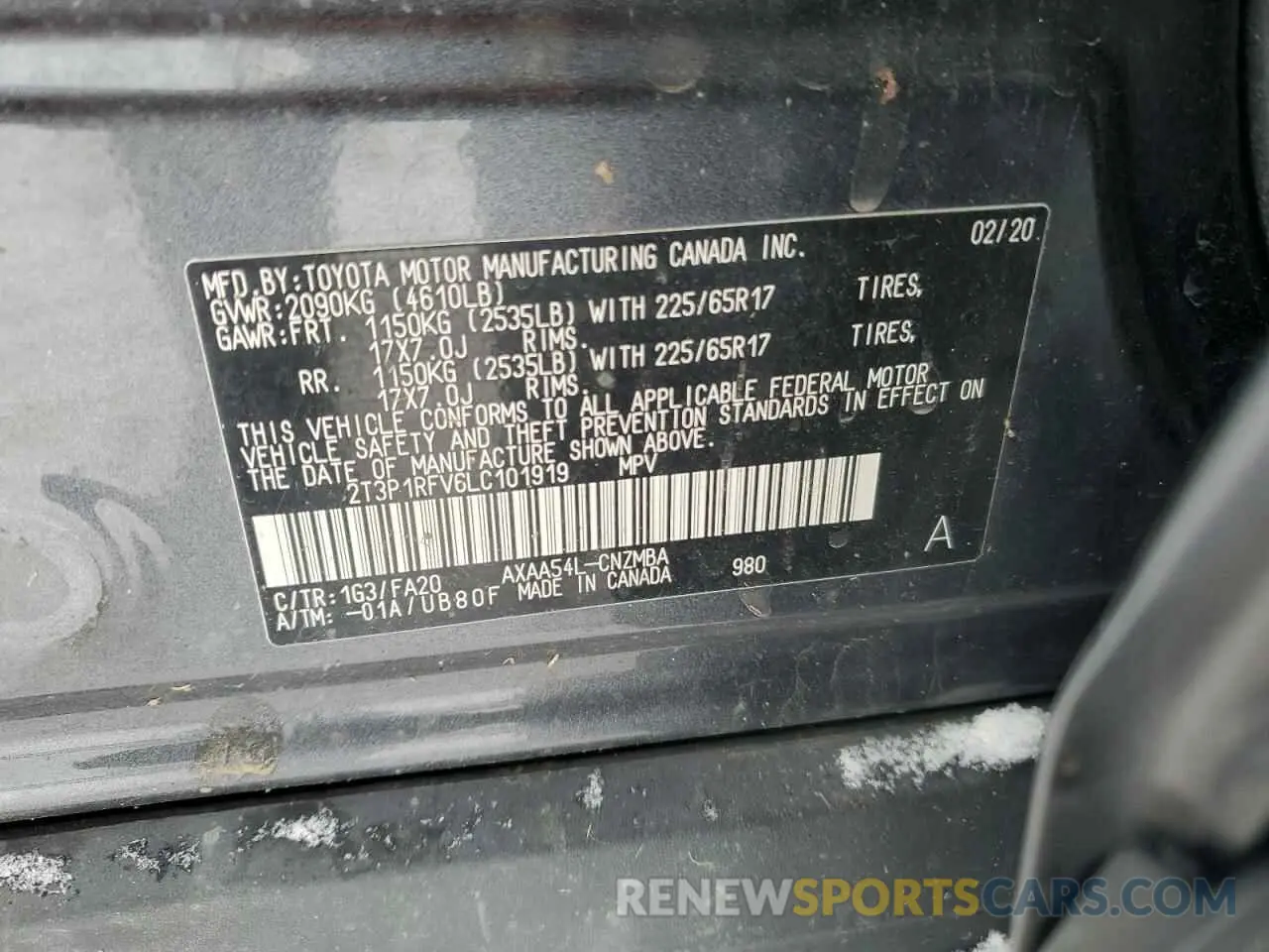 13 Photograph of a damaged car 2T3P1RFV6LC101919 TOYOTA RAV4 2020