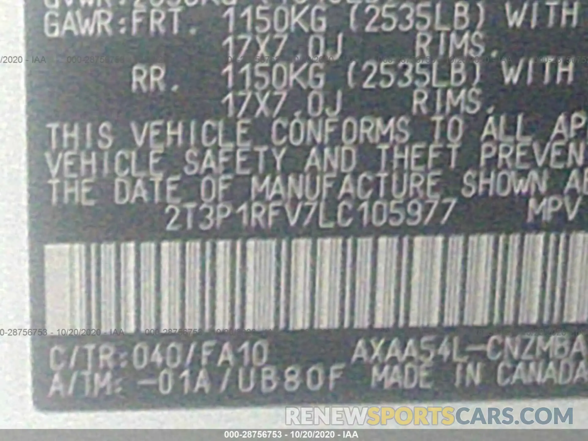 9 Photograph of a damaged car 2T3P1RFV7LC105977 TOYOTA RAV4 2020