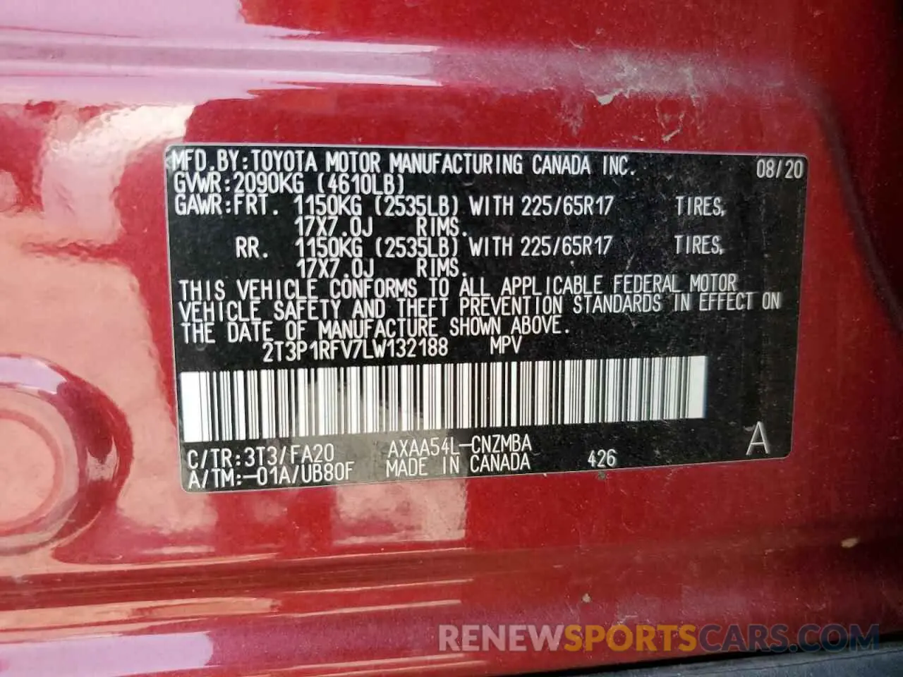 13 Photograph of a damaged car 2T3P1RFV7LW132188 TOYOTA RAV4 2020
