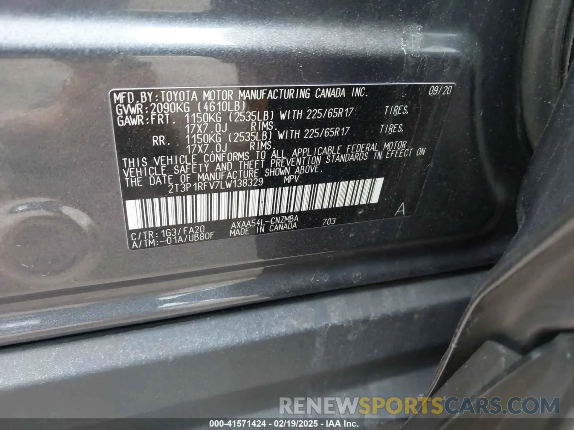 9 Photograph of a damaged car 2T3P1RFV7LW138329 TOYOTA RAV4 2020